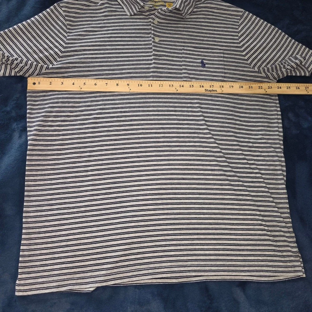 Polo Ralph Lauren Performance Mens Large Grey Blue Striped Pocket Polo Shirt